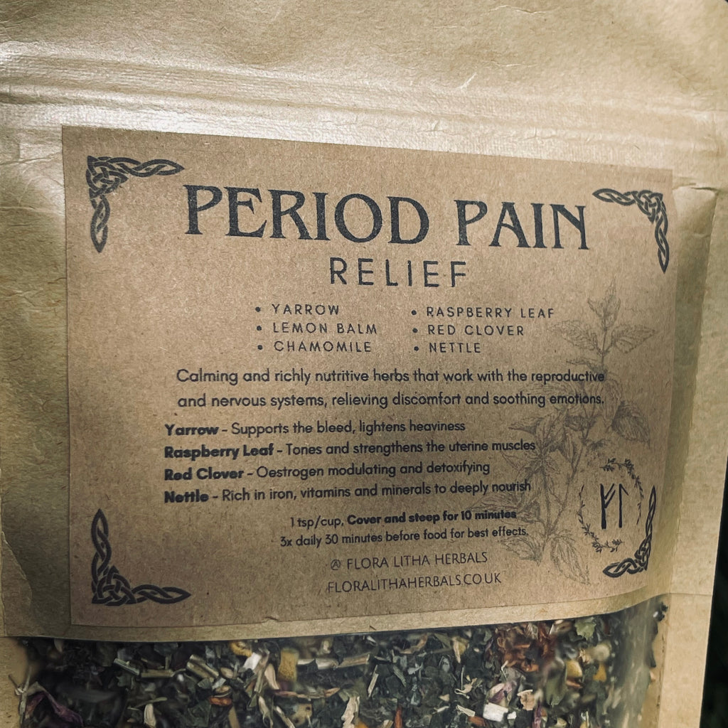 Herbal tea package for period pain relief with ingredients listed on a brown label.
